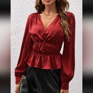 Red Smocked peplum blouse